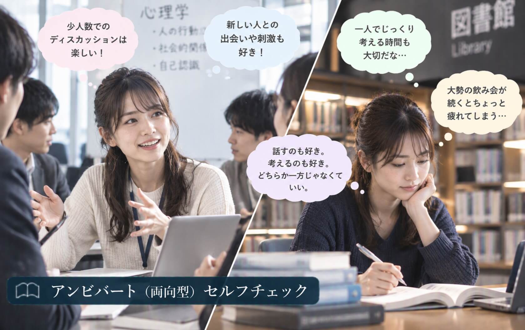 人との交流と一人で学ぶ時間を楽しむ女性｜アンビバート（両向型）のセルフチェック