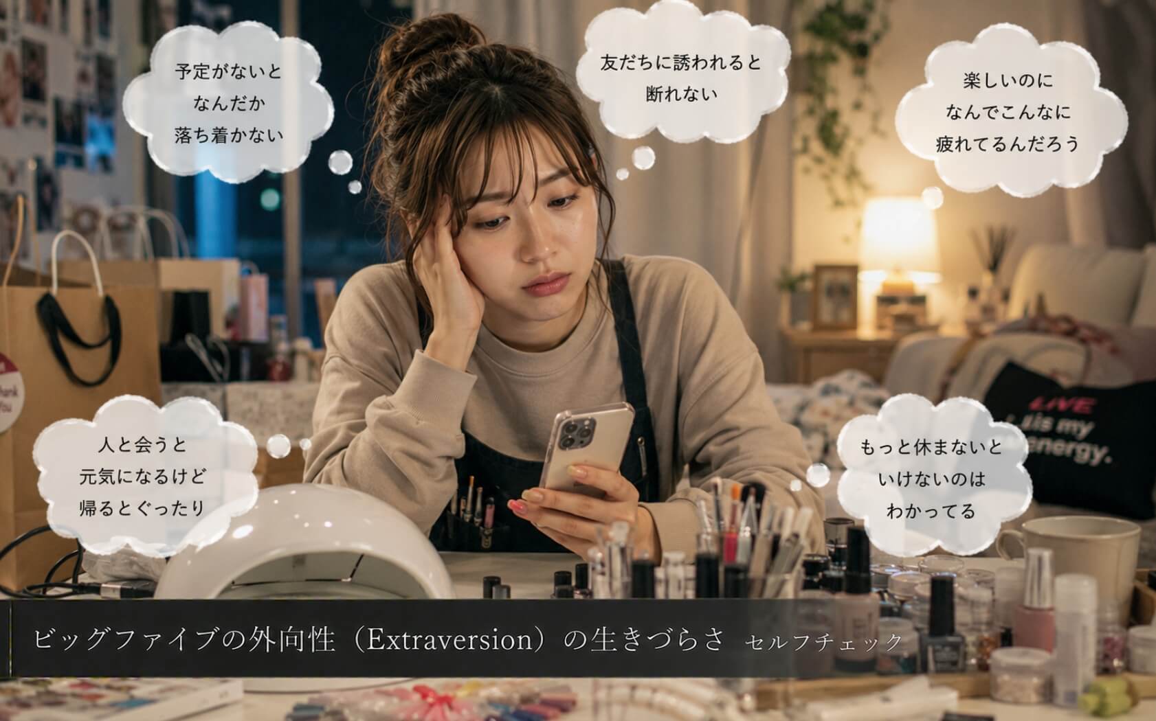 人と会う楽しさの裏で疲労を抱える女性｜ビッグファイブの外向性（Extraversion）の生きづらさのセルフチェック