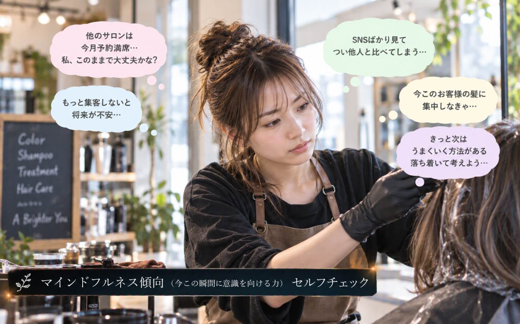 スマホを伏せ今の施術へ意識を戻す女性美容師｜マインドフルネス傾向のセルフチェック