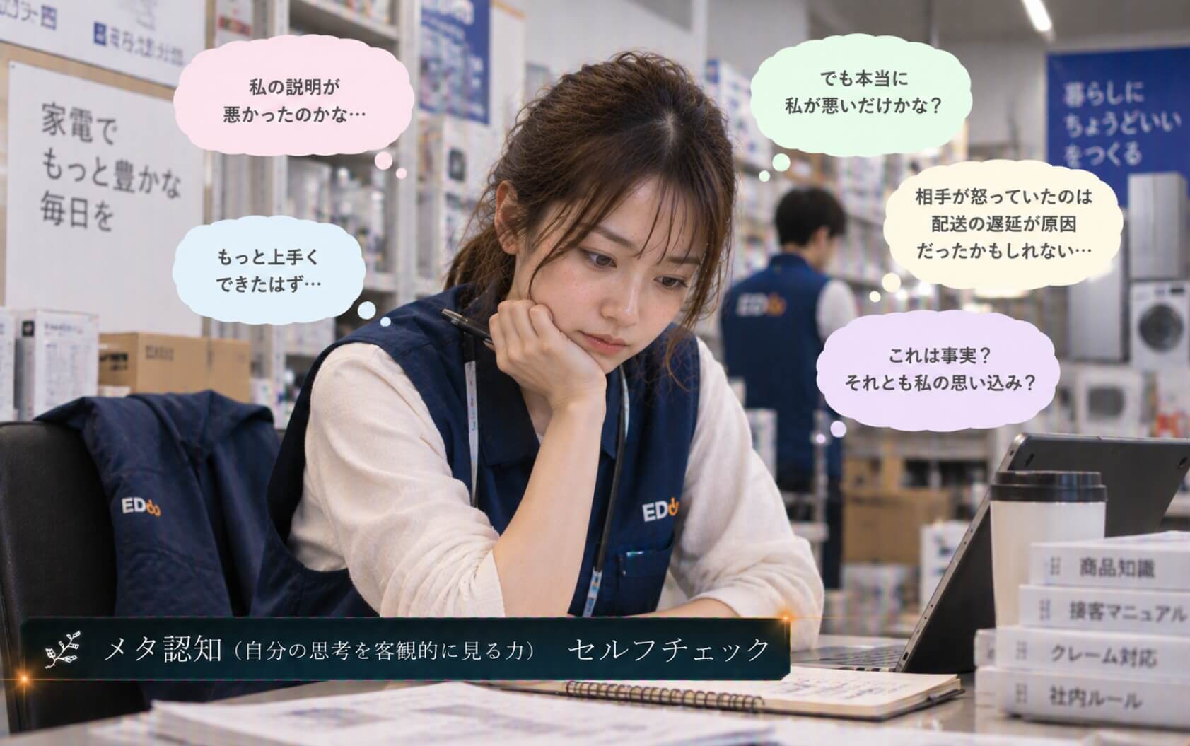 怒られた原因を事実と自分の解釈に分けて考える女性|メタ認知のセルフチェック