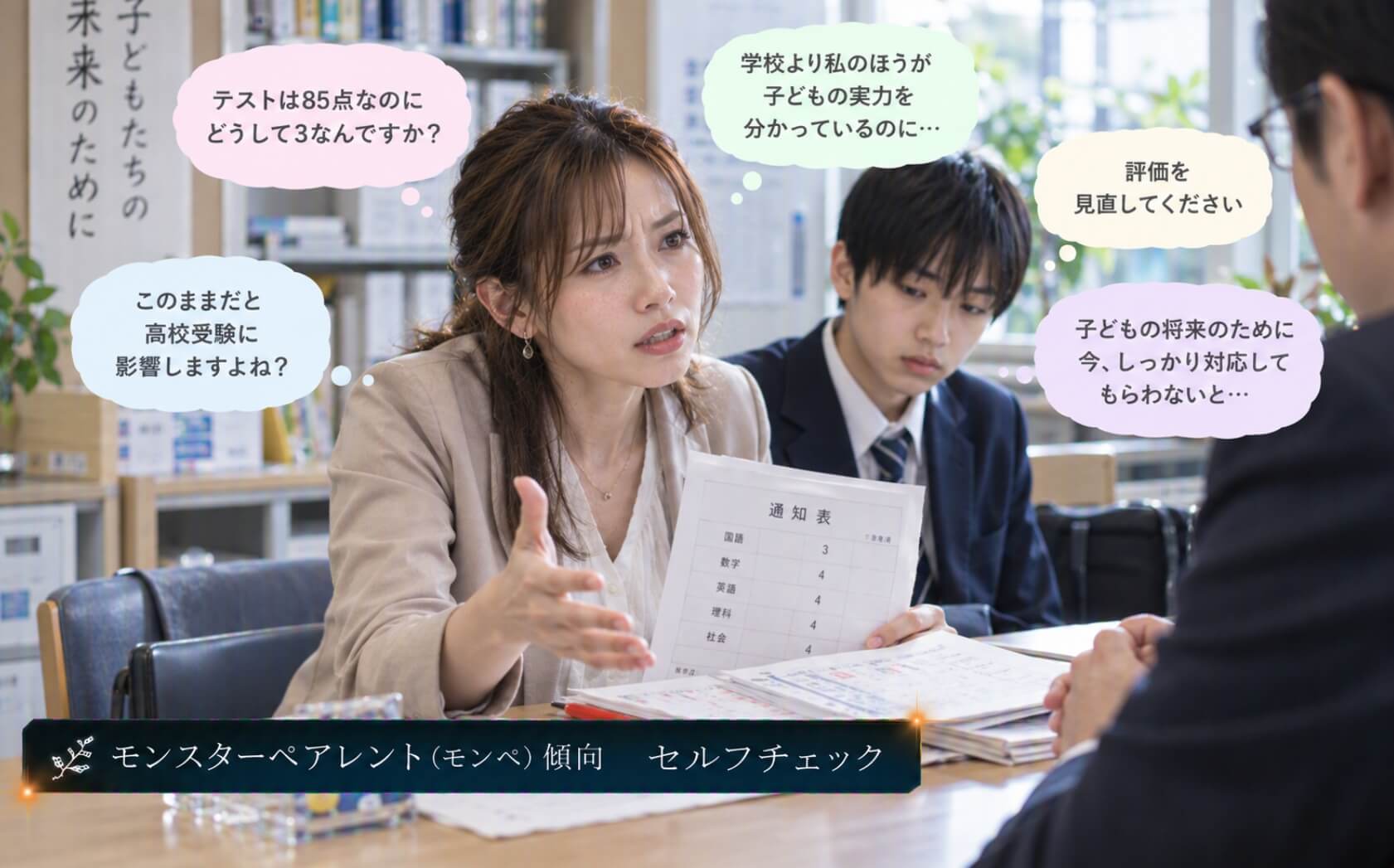 通知表の評価変更を担任へ強く求める母親｜モンスターペアレント傾向のセルフチェック