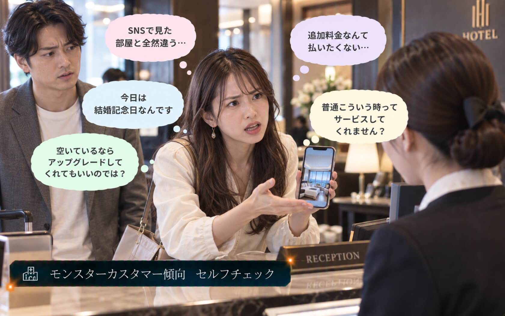 SNSの客室写真を見せホテルスタッフへ不満を訴える女性|モンスターカスタマー傾向のセルフチェック
