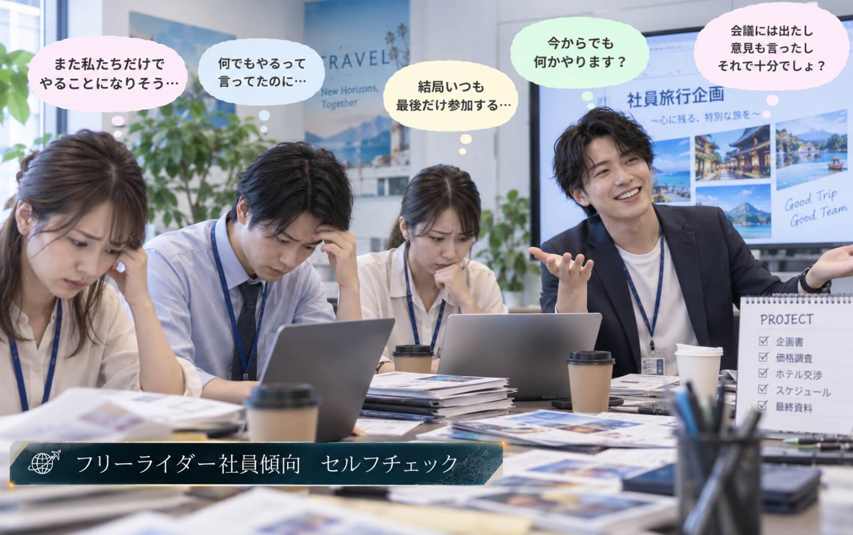 チームの仕事を具体的に引き受けず最後だけ参加する男性｜フリーライダー社員傾向のセルフチェック