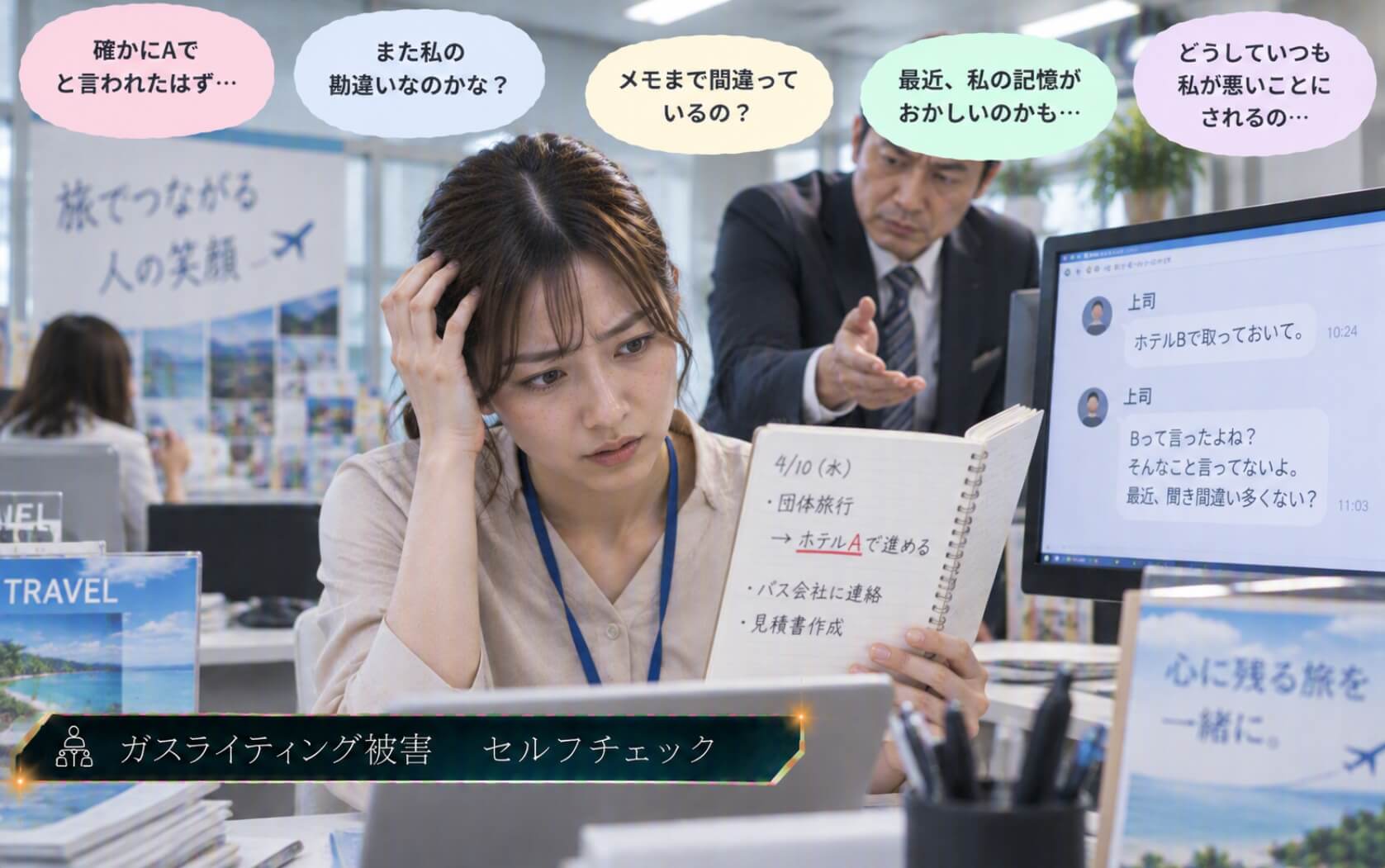 上司の指示と自分のメモが食い違い記憶を疑う女性|ガスライティング被害のセルフチェック