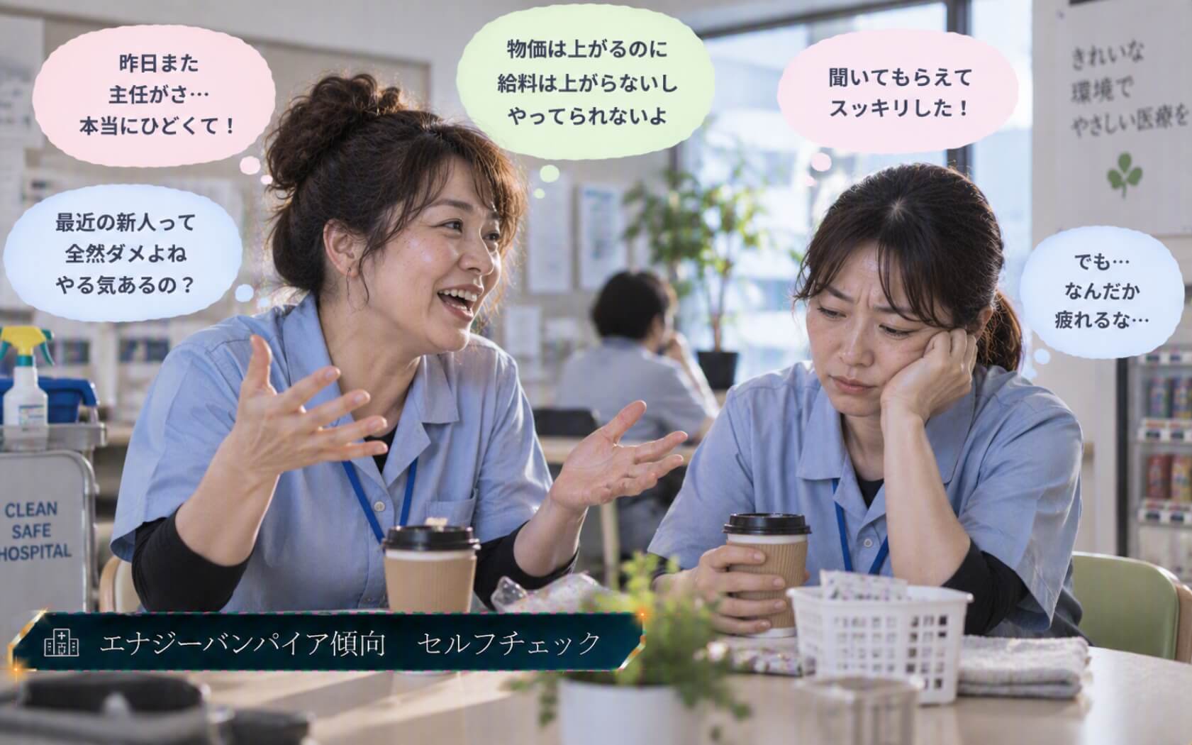不満を話してすっきりする女性と聞き疲れた同僚|エナジーバンパイア傾向のセルフチェック