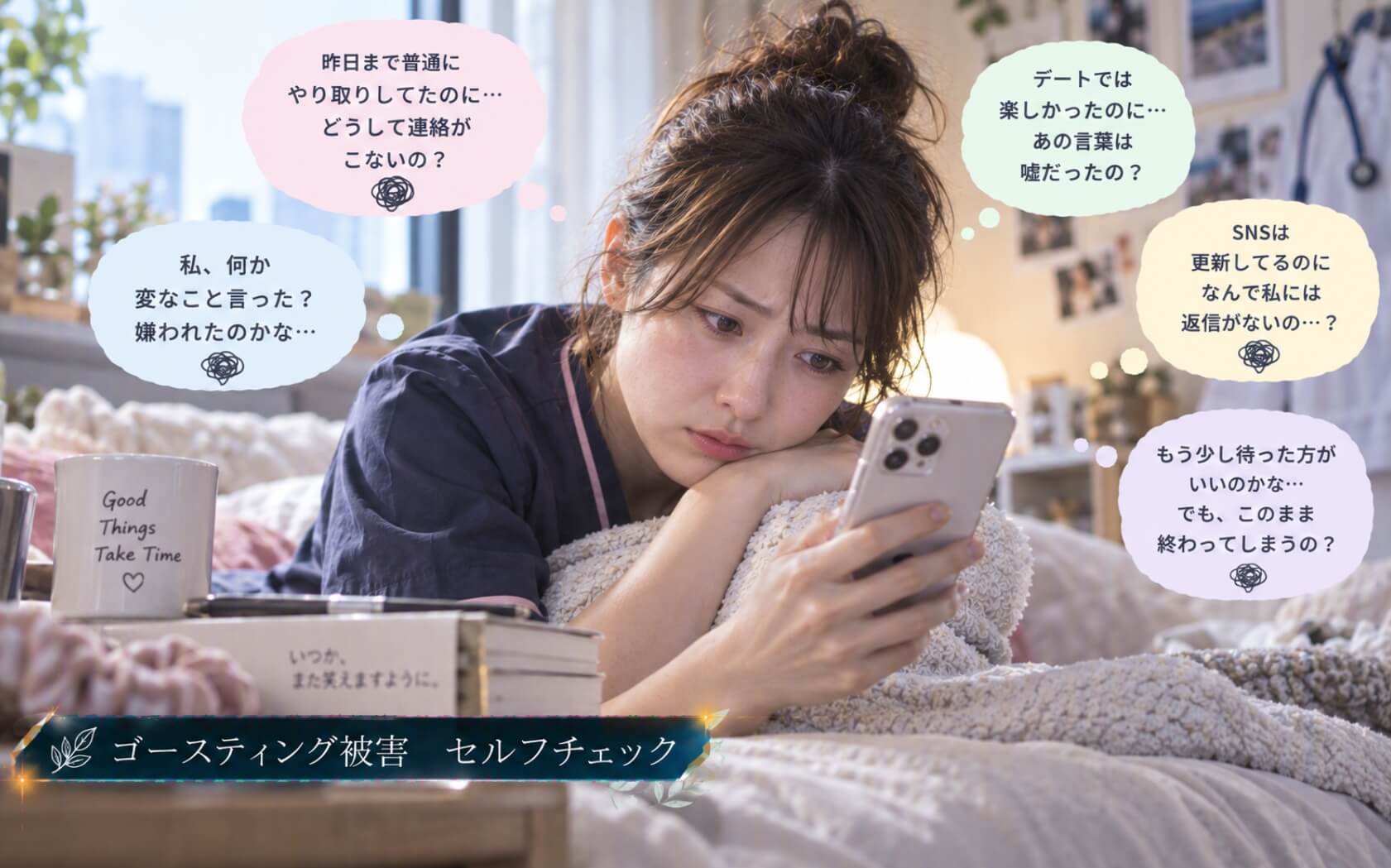 突然返信が途絶え最後のメッセージを見返す女性｜ゴースティング被害のセルフチェック