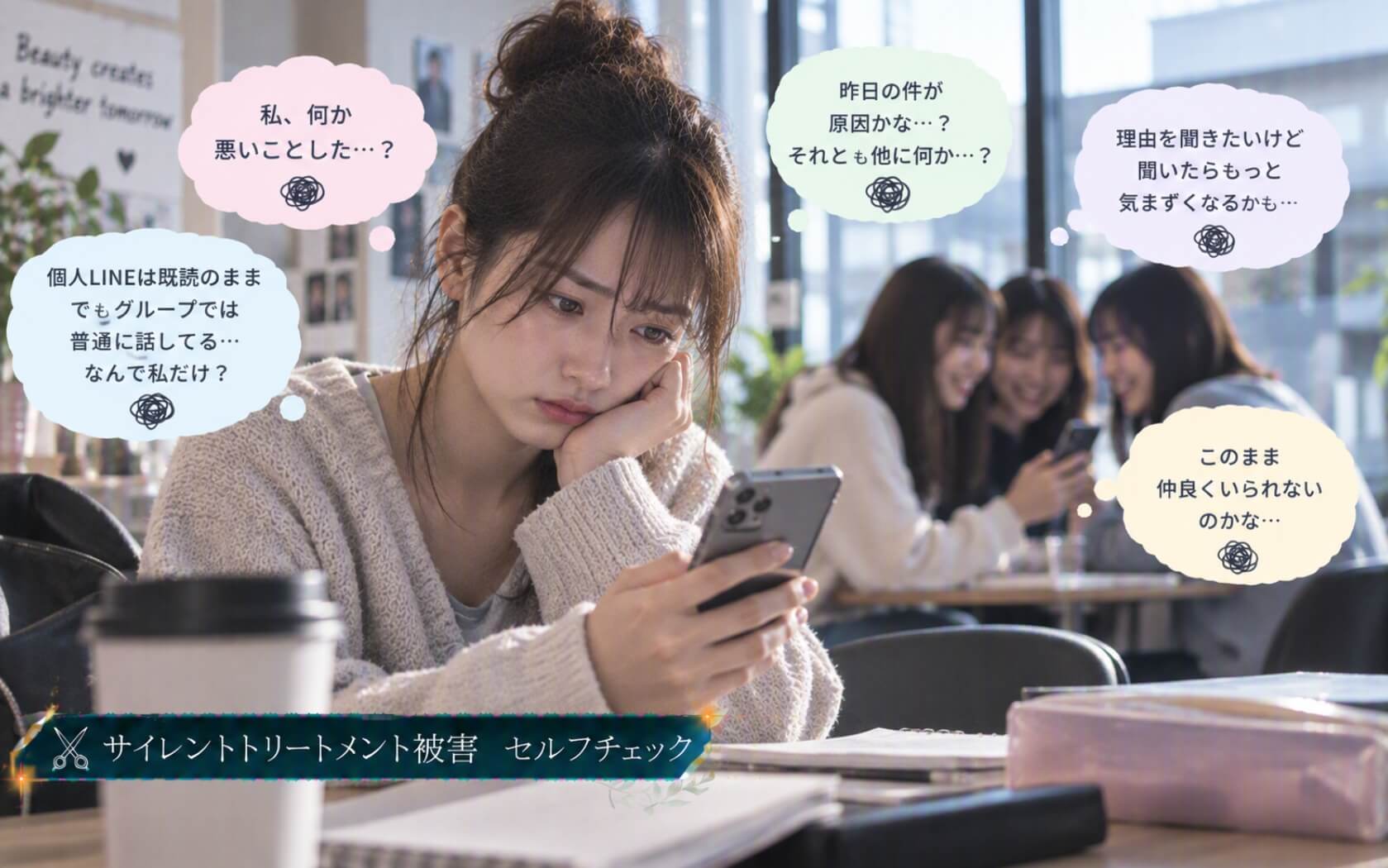 他の友人とは話す親友に自分だけ無視され戸惑う女性｜サイレントトリートメント被害のセルフチェック