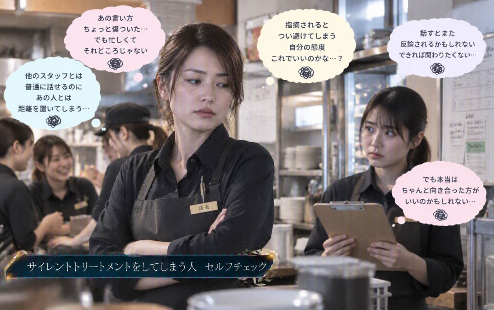 他のスタッフとは話しながら特定の部下を無視する女性店長｜サイレントトリートメントをしてしまう人のセルフチェック