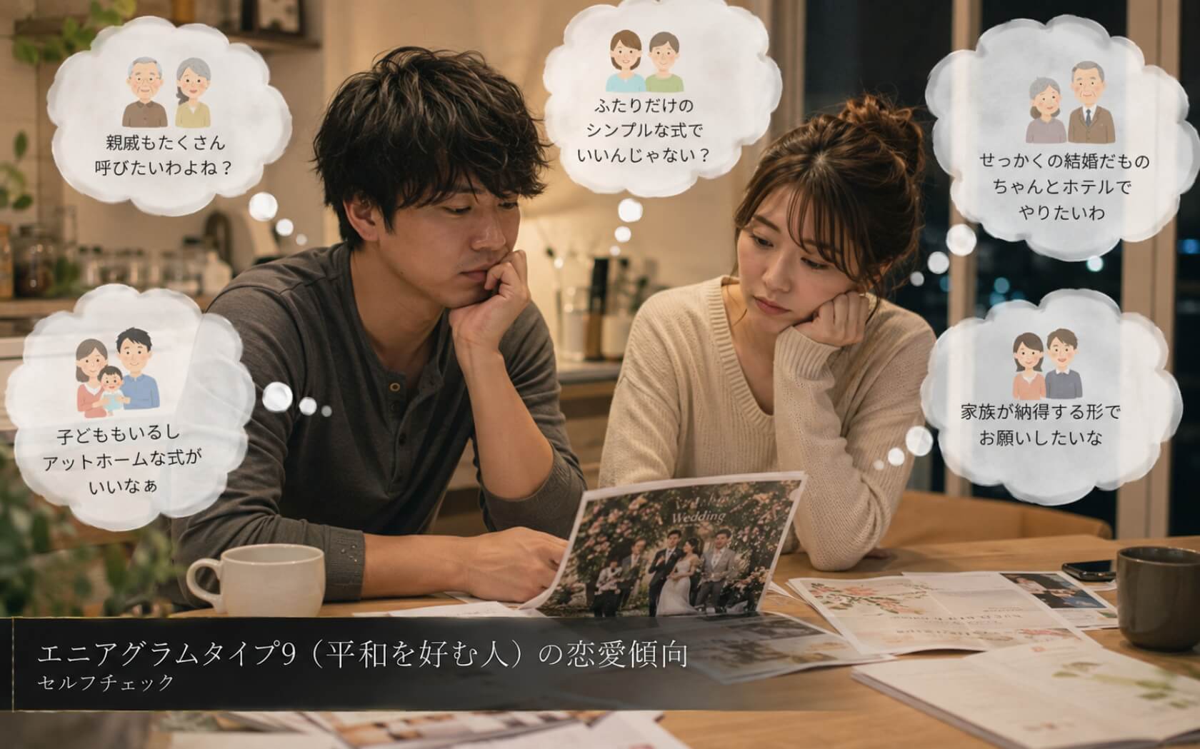 家族の希望を優先し結婚式に悩む二人|エニアグラムタイプ9(平和を好む人)の恋愛傾向のセルフチェック