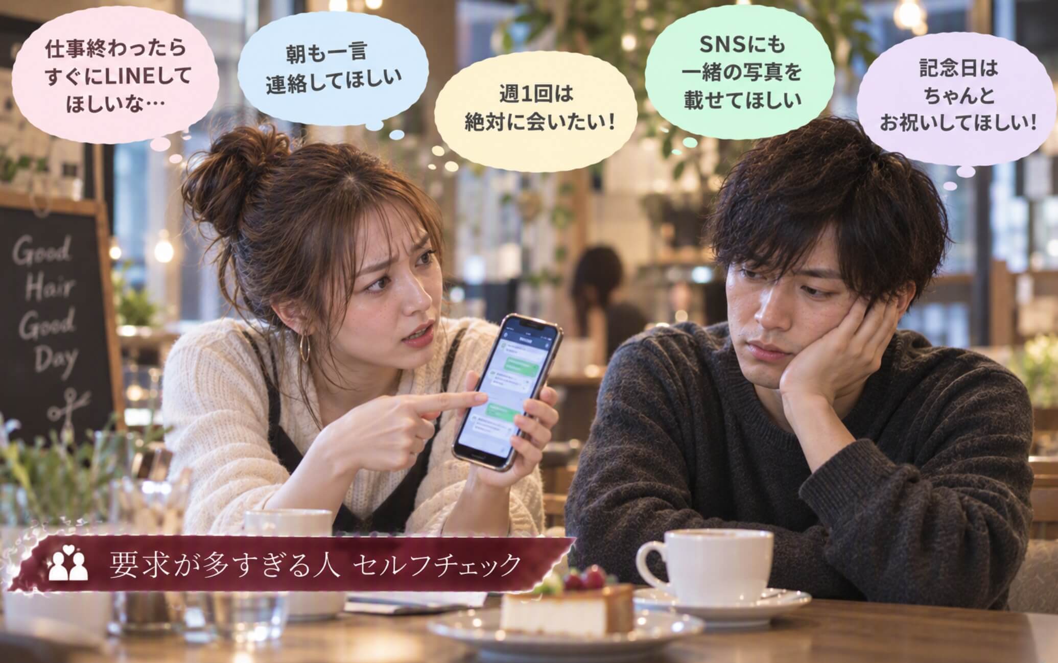 恋人にスマホを見せながら愛情表現を次々求める女性|要求が多すぎる人のセルフチェック