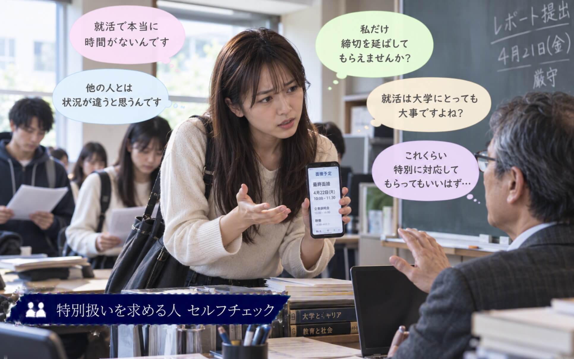就活の予定を見せて自分だけ締切延長を求める女子学生|特別扱いを求める人のセルフチェック