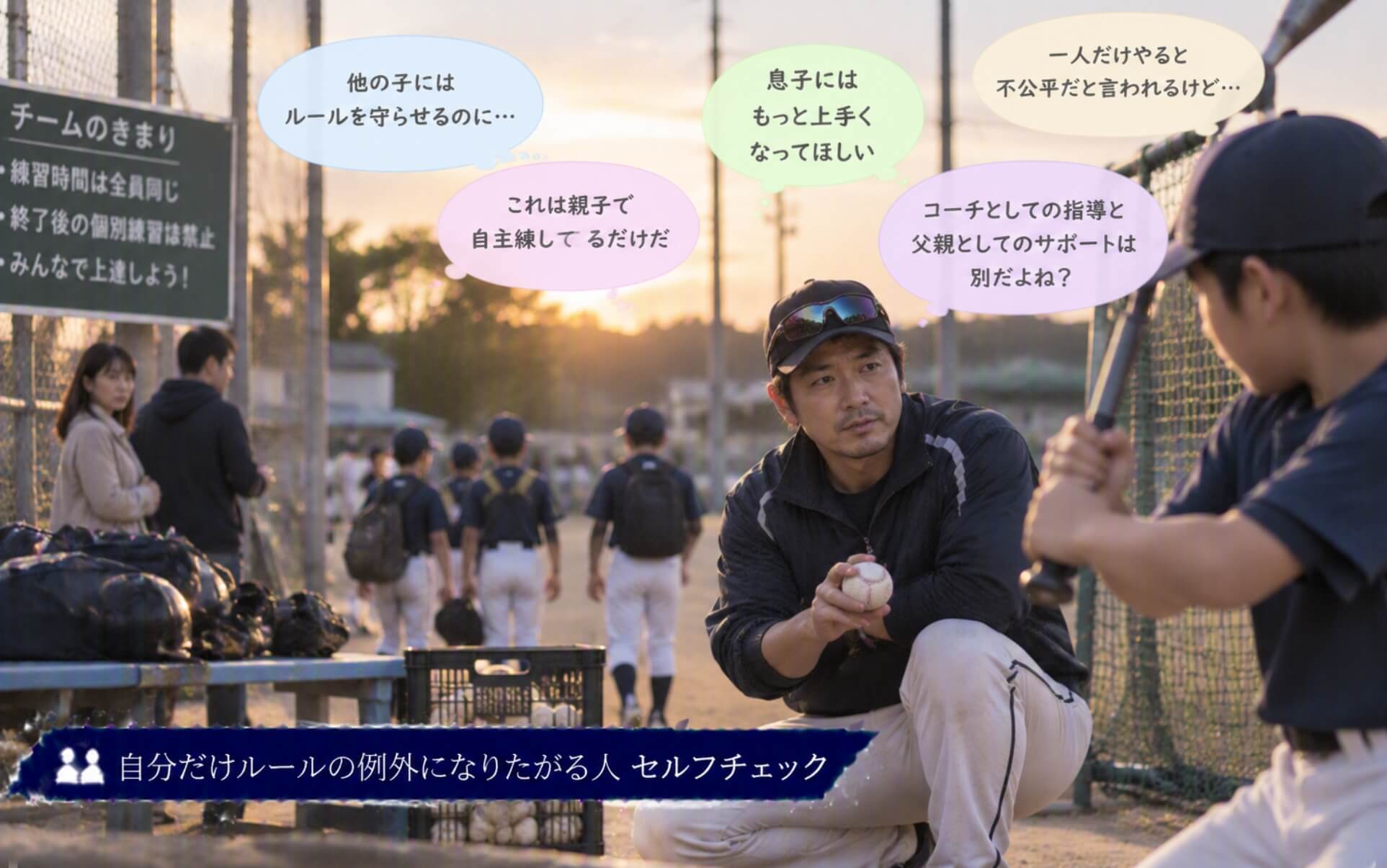 練習終了後に自分の息子だけ追加指導する野球コーチ|自分だけルールの例外になりたがる人のセルフチェック
