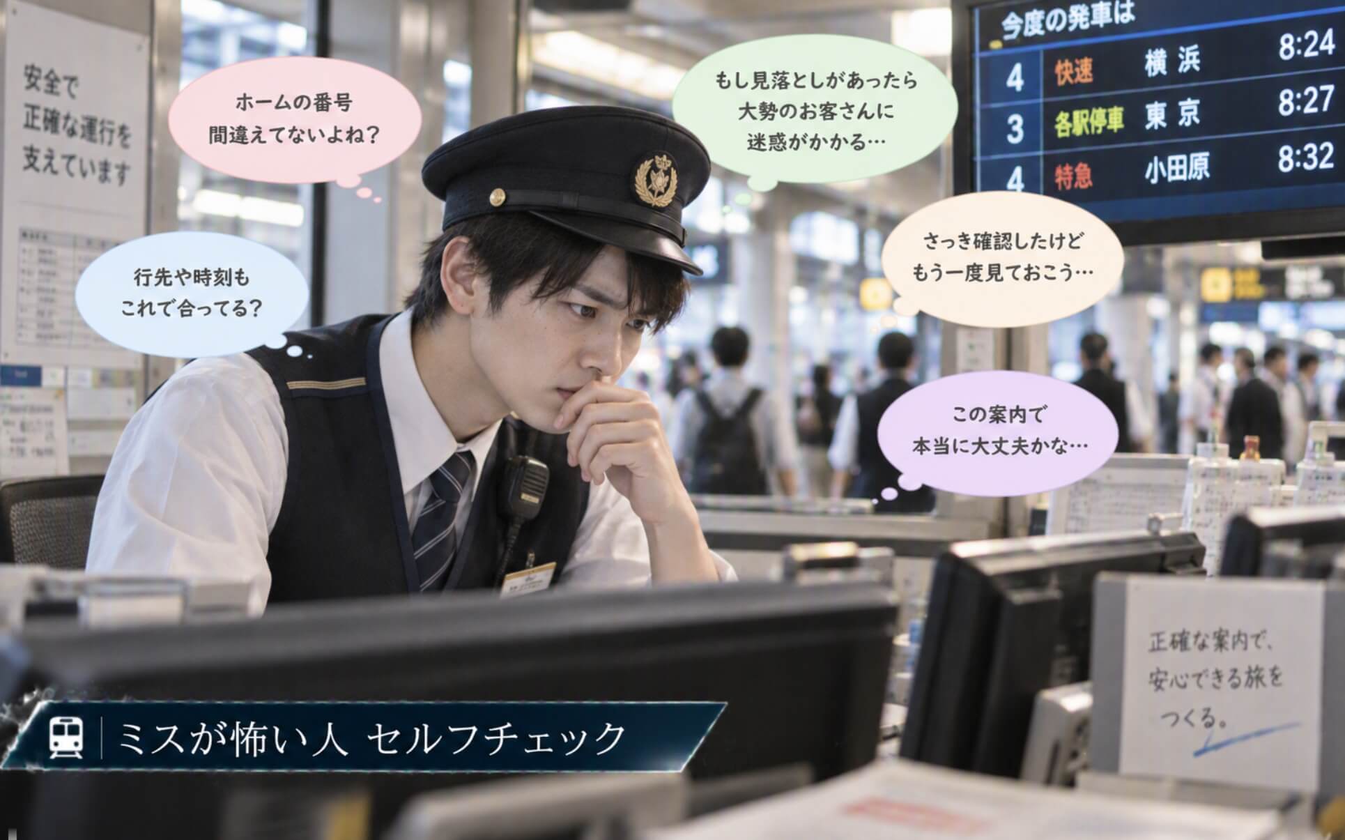 発車案内の間違いがないか何度も確認する若い駅員|ミスが怖い人のセルフチェック
