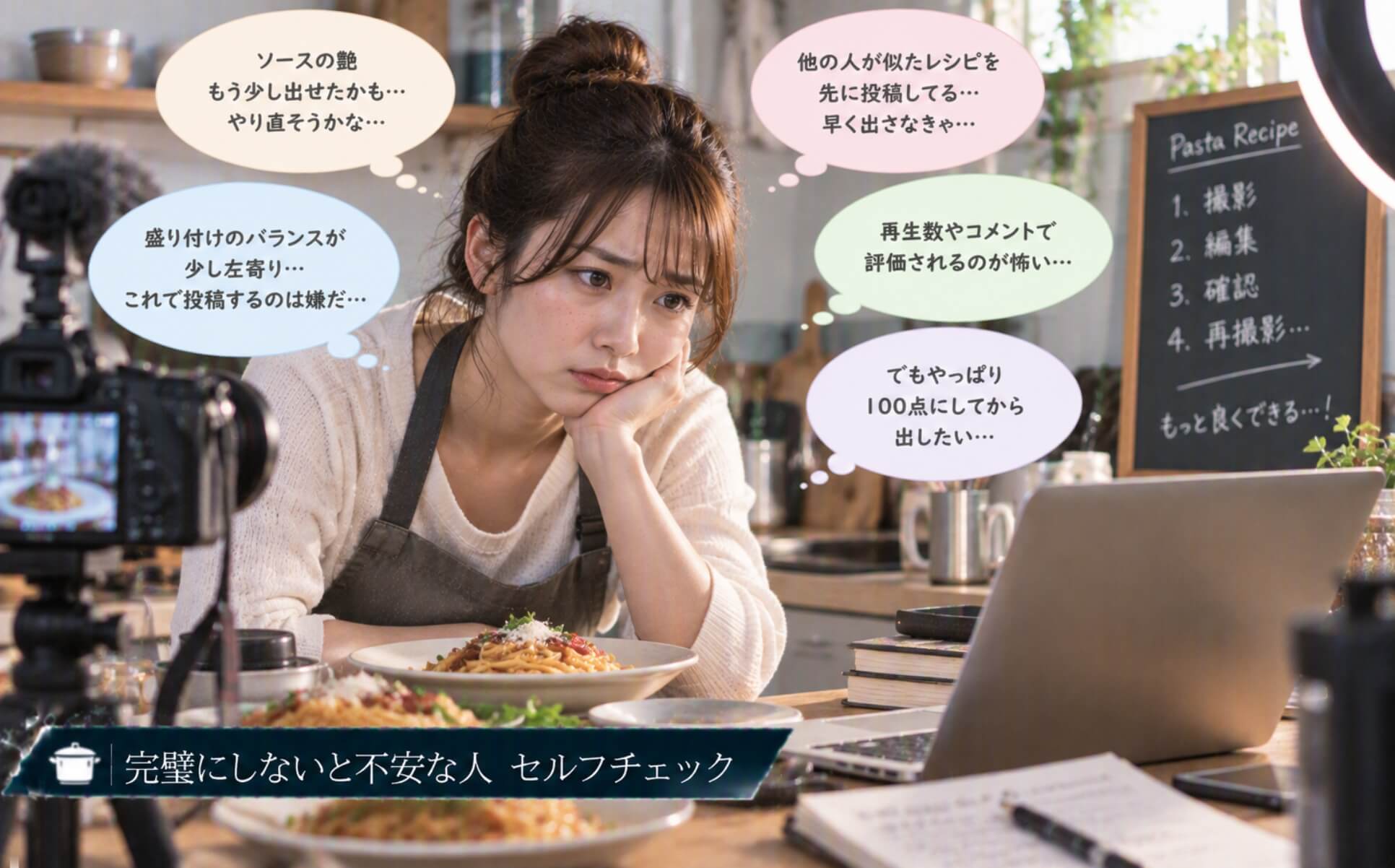 料理動画の完成度が気になり投稿できず悩む女性｜完璧にしないと不安な人のセルフチェック