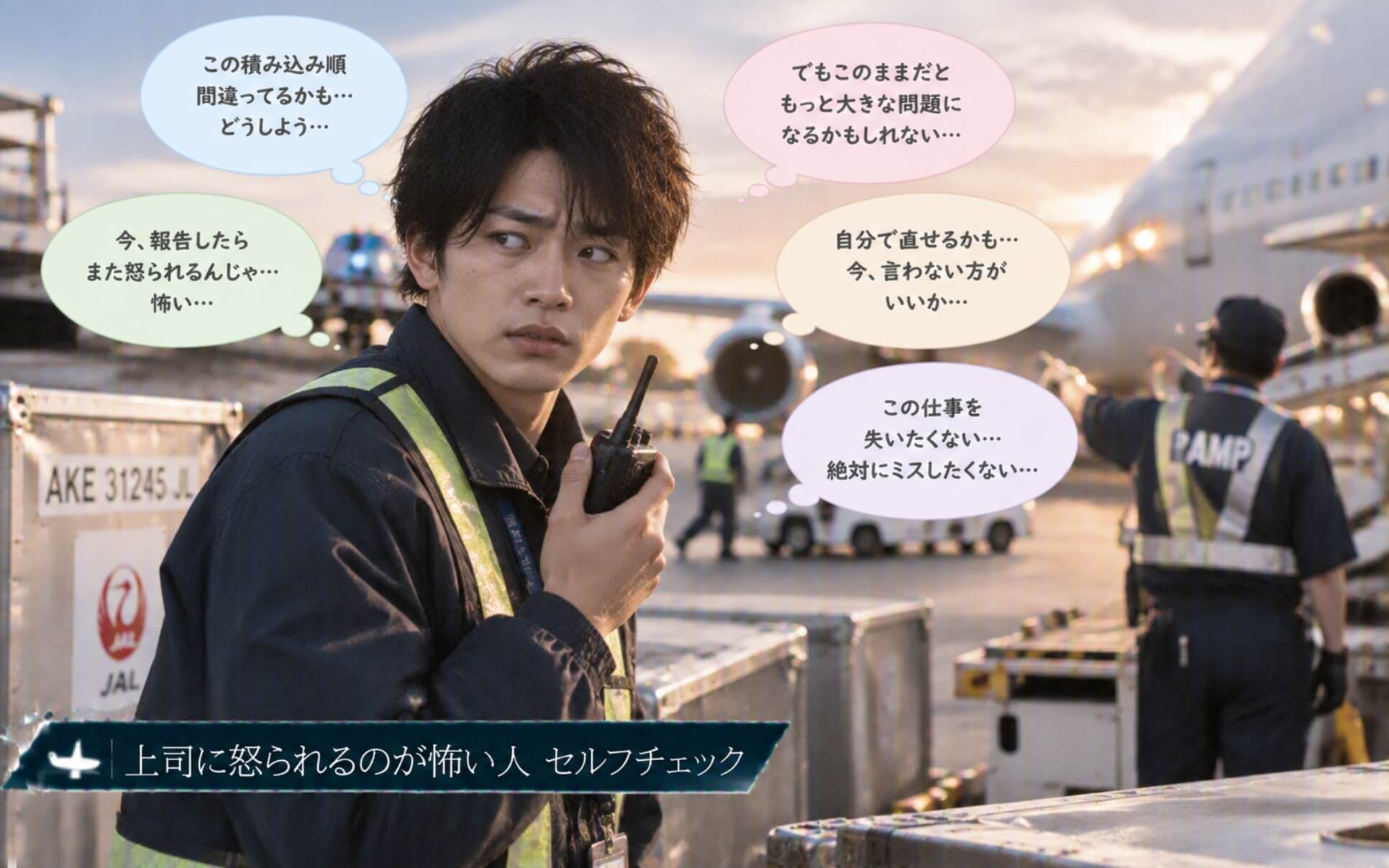 作業ミスの報告をためらい無線機を握る空港スタッフ｜上司に怒られるのが怖い人のセルフチェック