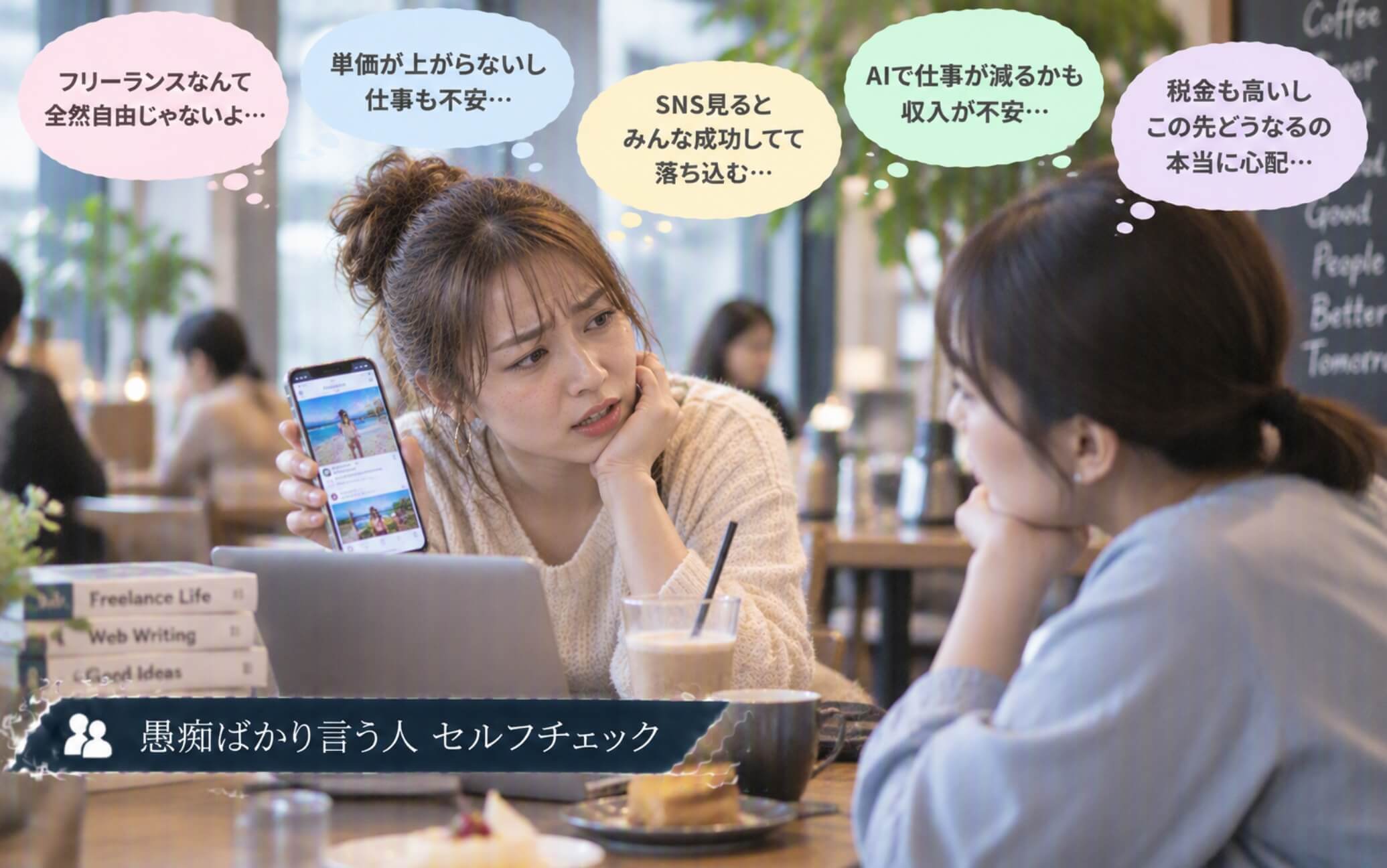 SNSの成功投稿を見せながら仕事への不満を話す女性|愚痴ばかり言う人のセルフチェック