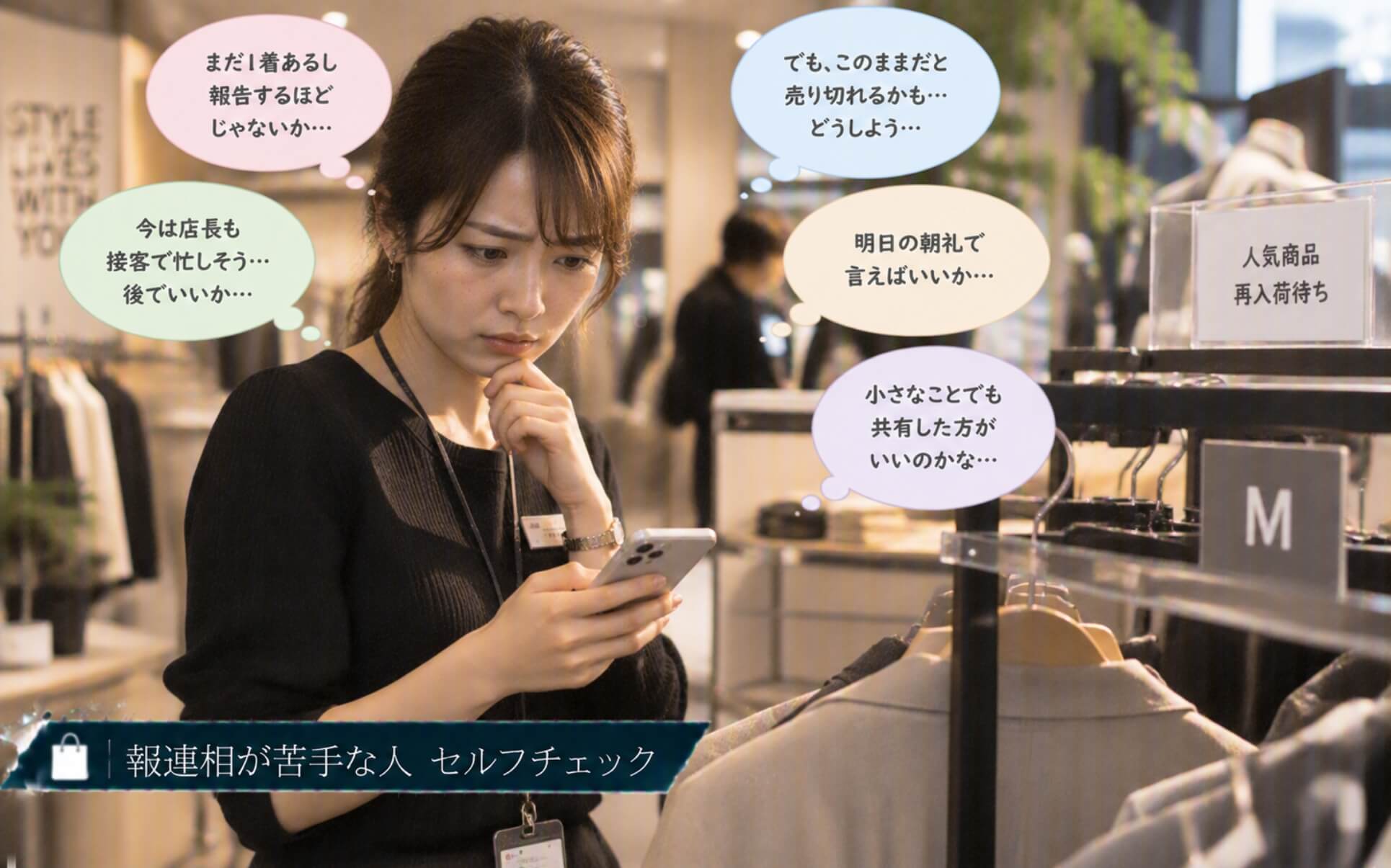 在庫減少に気づいても共有をためらいスマホを見る女性|報連相が苦手な人のセルフチェック