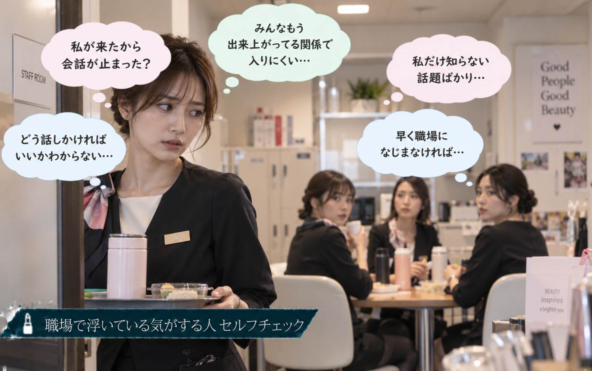 休憩室の会話が止まり自分が原因かと不安になる女性｜職場で浮いている気がする人のセルフチェック