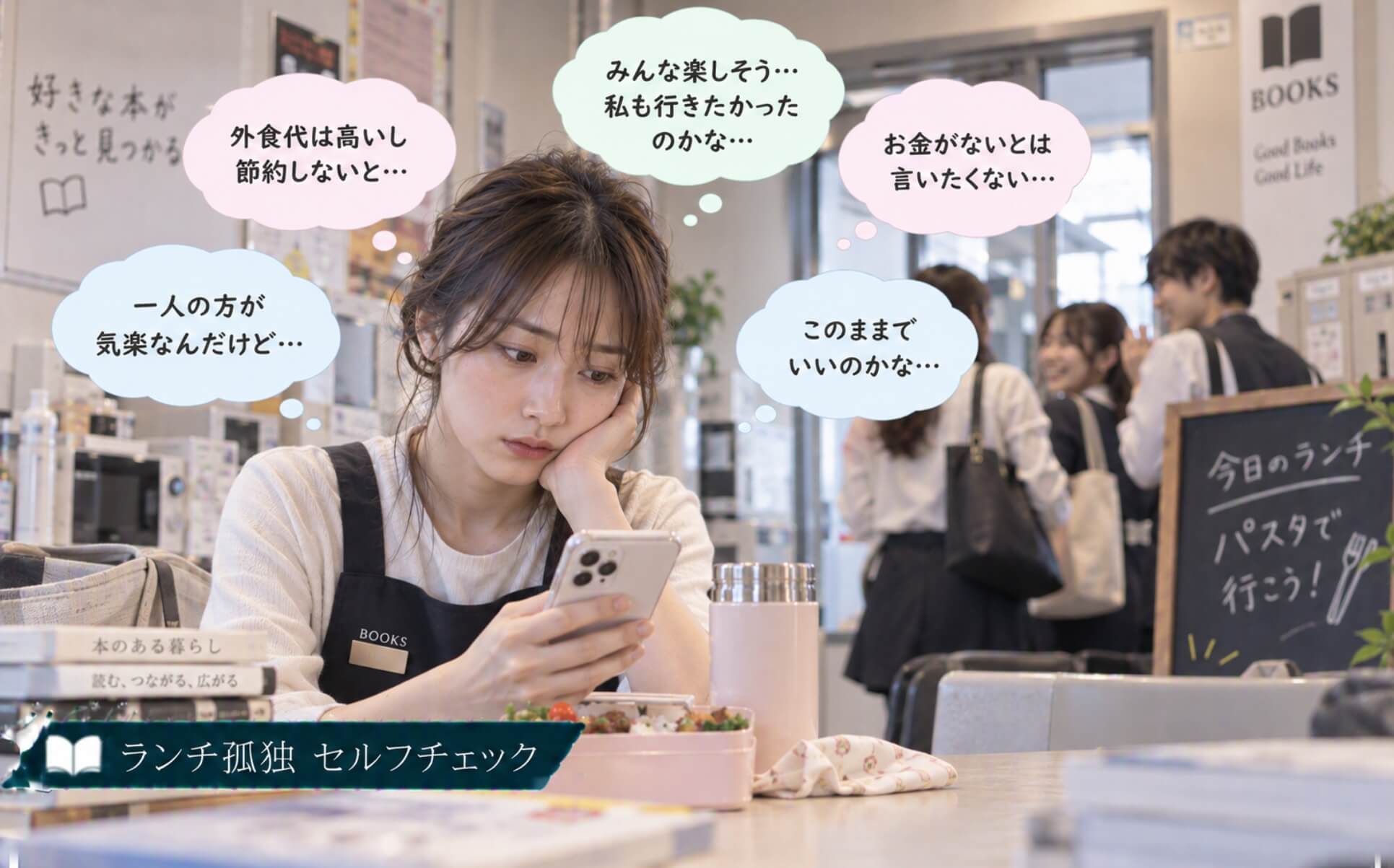 同僚が外食する中で一人手作り弁当を食べる書店員｜ランチ孤独のセルフチェック