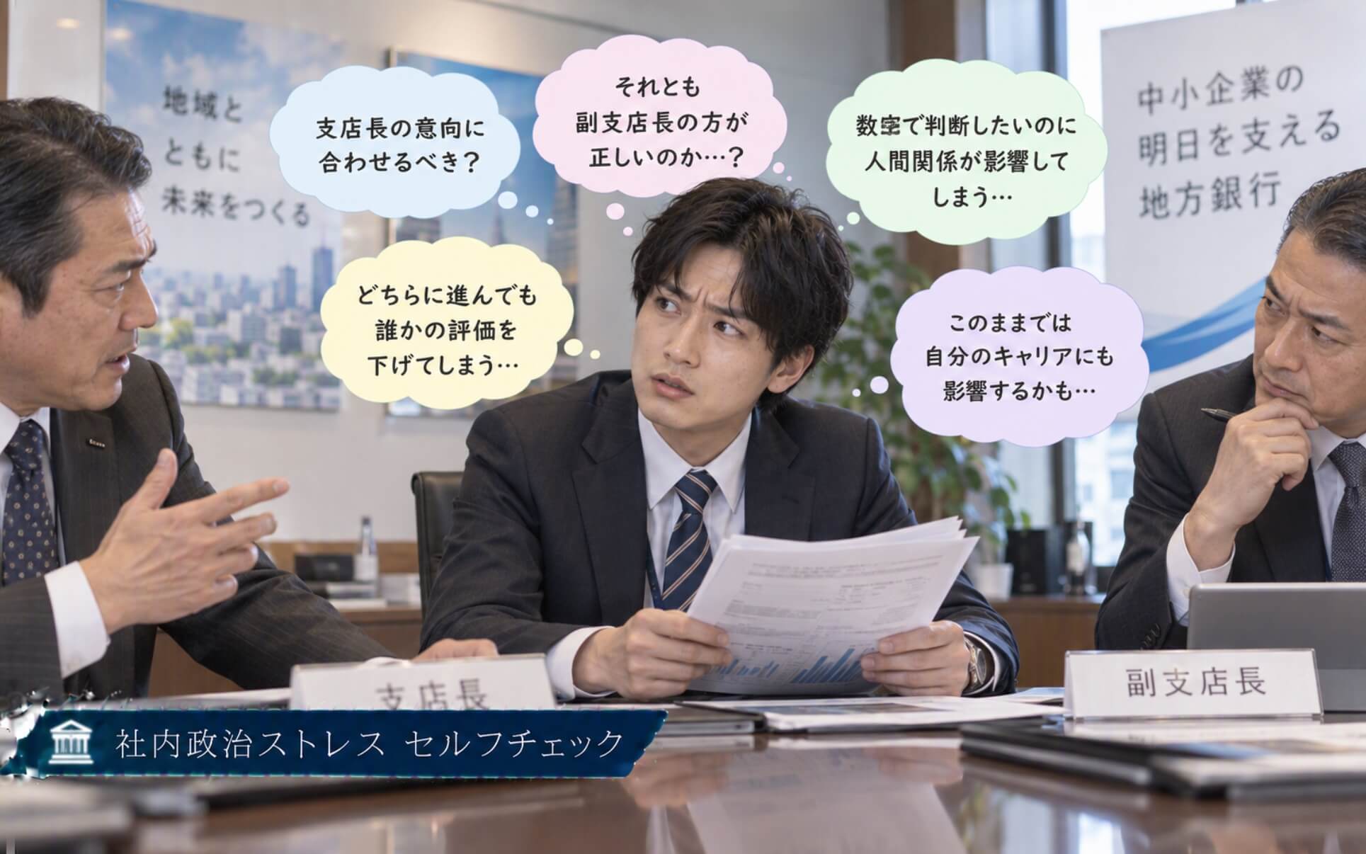 対立する上司の間で融資判断に悩む銀行員|社内政治ストレスのセルフチェック