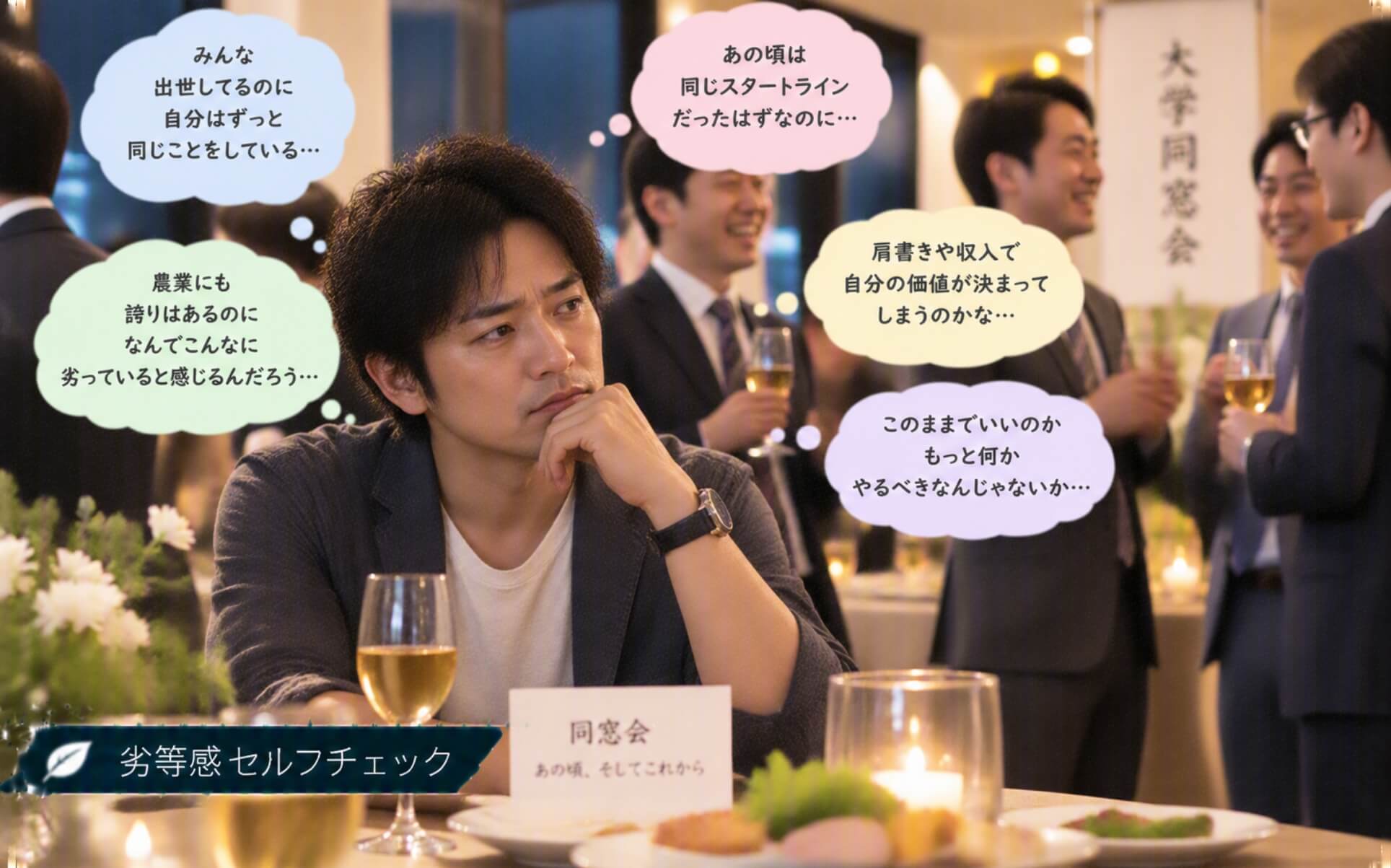 同窓会で成功した同級生と自分を比べて悩む男性|劣等感のセルフチェック