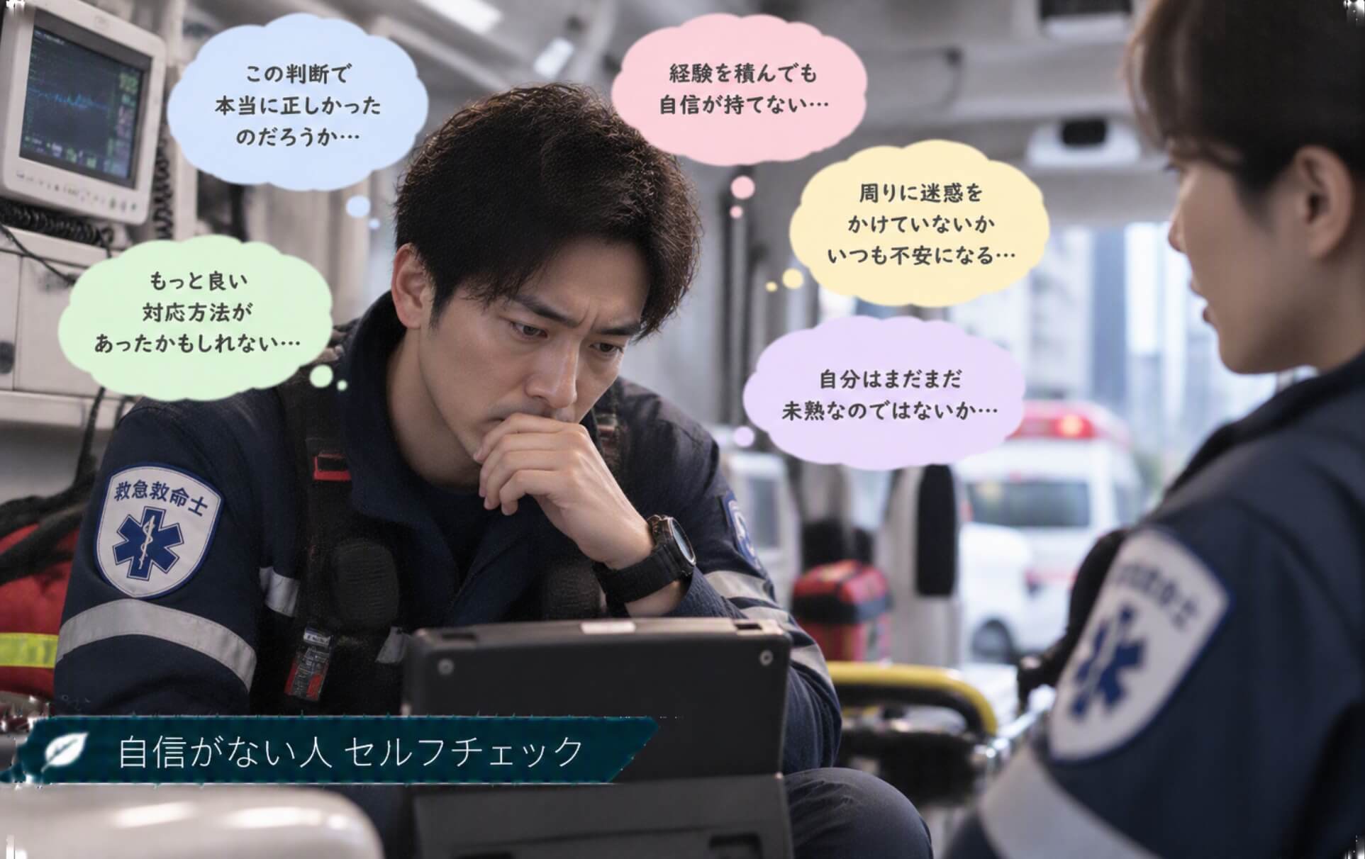 救急車内で自分の判断に自信が持てず悩む男性｜自信がない人のセルフチェック