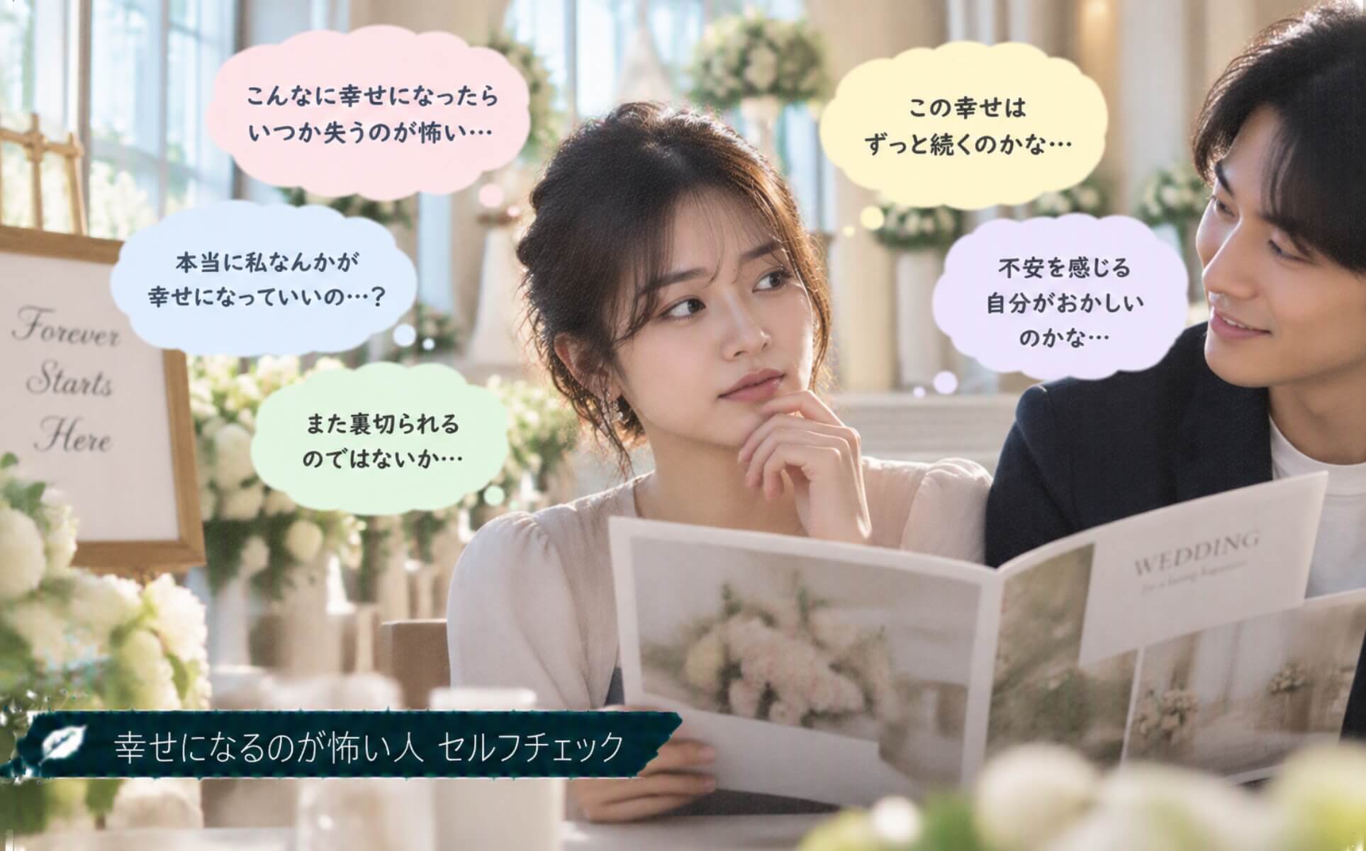 結婚式場で恋人とパンフレットを見ながら不安を感じる女性|幸せになるのが怖い人のセルフチェック