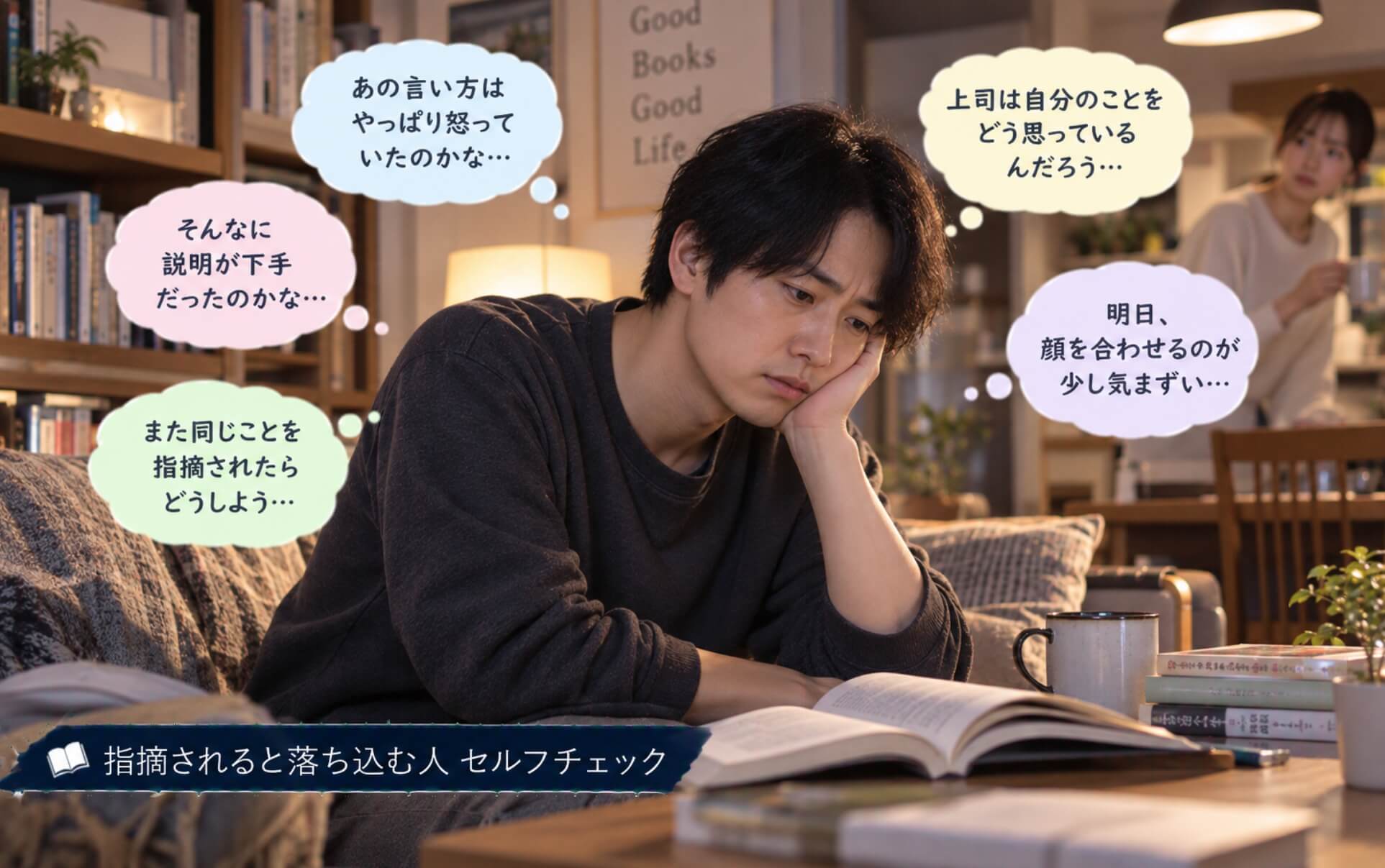 夜のリビングで頬杖をつき仕事の指摘に悩む男性|指摘されると落ち込む人のセルフチェック