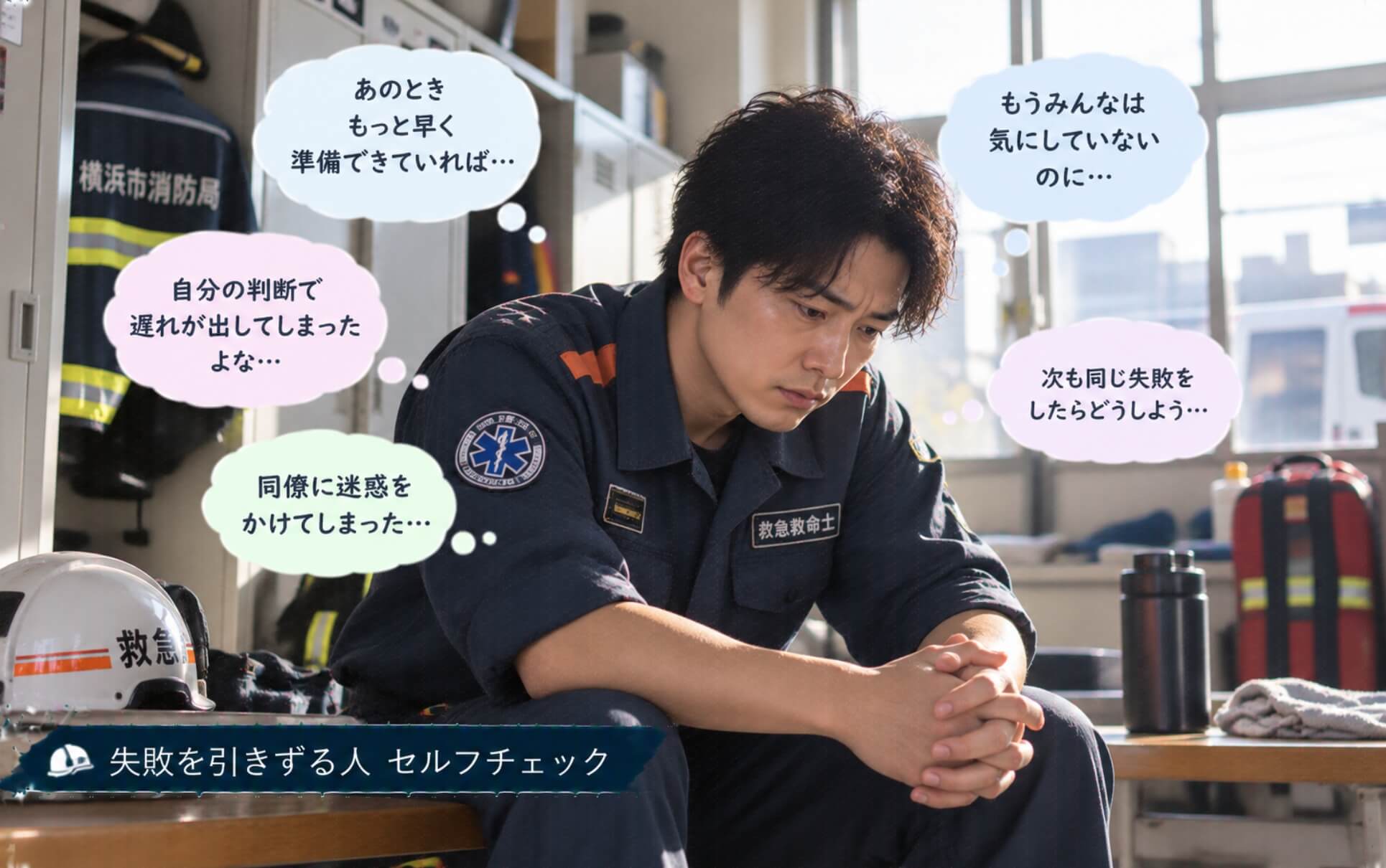 消防署の更衣室で過去の判断を悔やみ落ち込む男性|失敗を引きずる人のセルフチェック