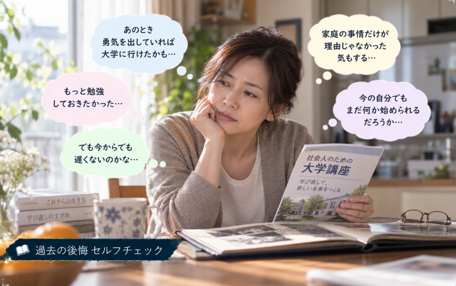 大学講座の案内を手に昔の選択を振り返る女性|過去の後悔のセルフチェック
