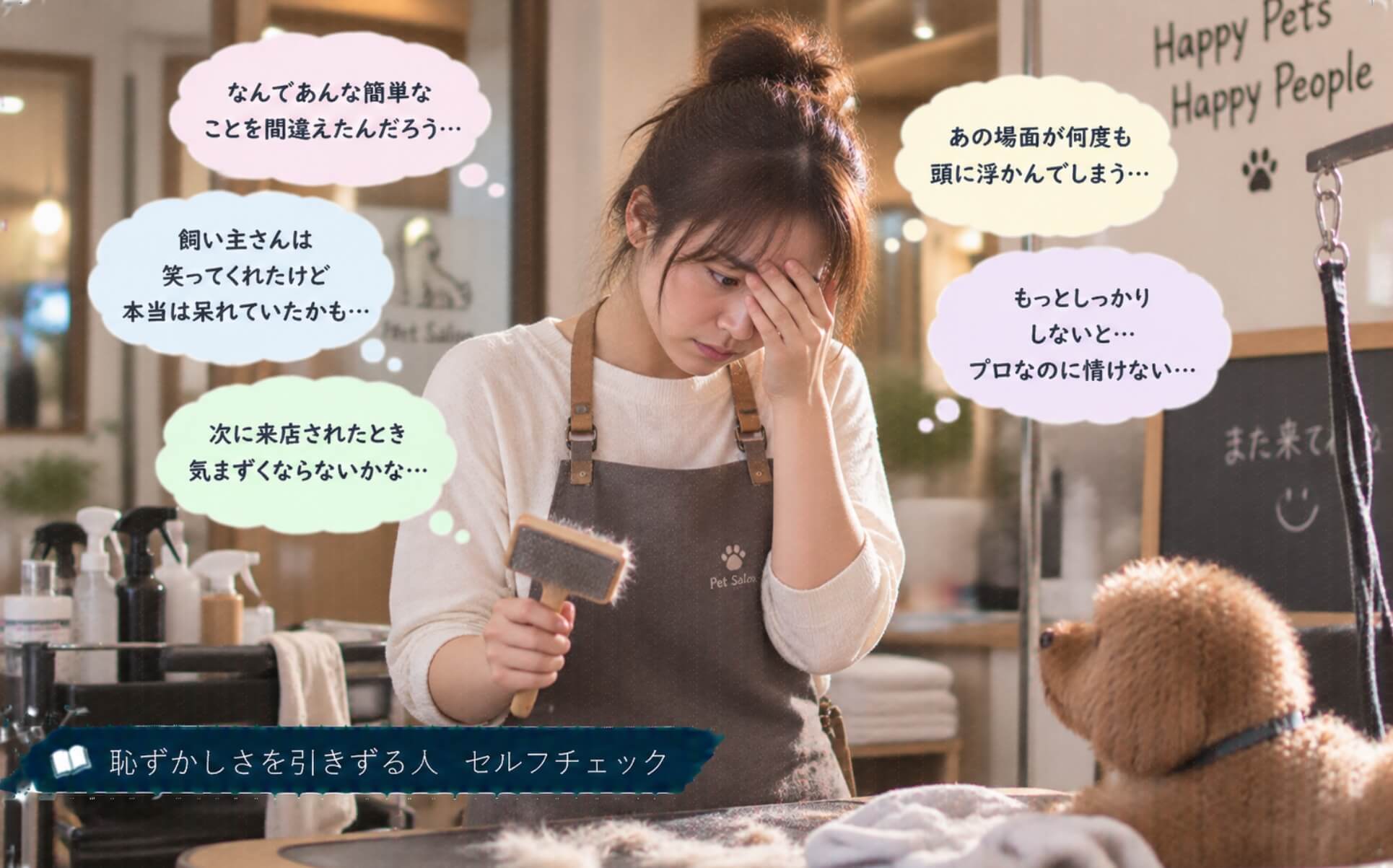 犬の名前を言い間違えた恥ずかしさで顔を覆う女性|恥ずかしさを引きずる人のセルフチェック