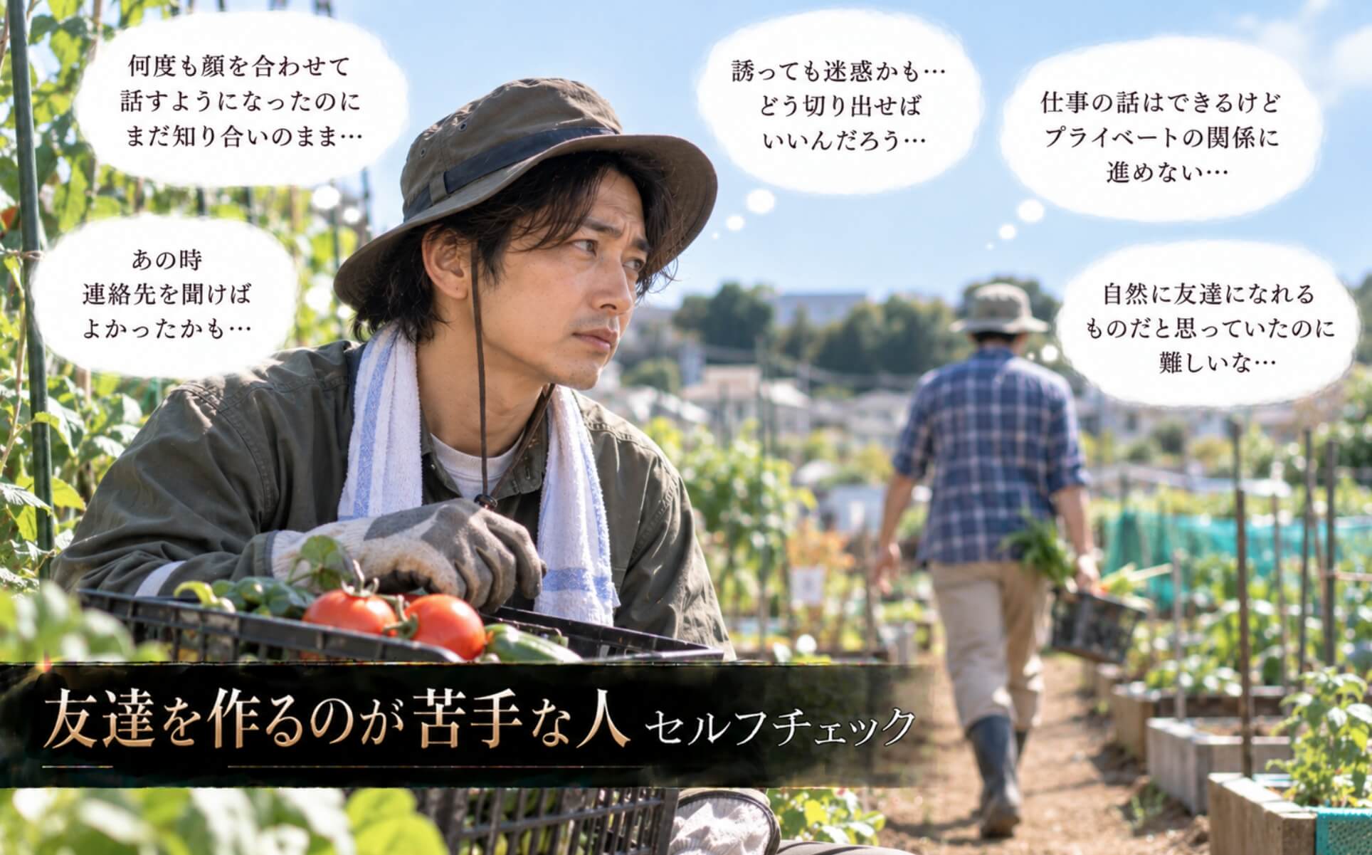 市民農園で帰る知人を見送り友達になれず悩む男性｜友達を作るのが苦手な人のセルフチェック