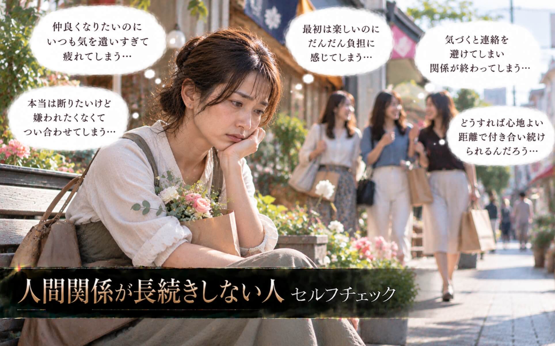 商店街のベンチで友人との付き合いに疲れ考え込む女性|人間関係が長続きしない人のセルフチェック