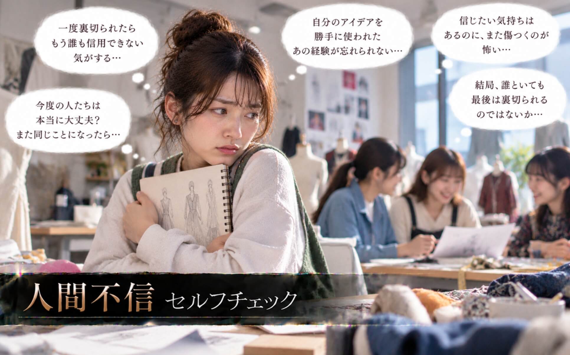 デザイン画を胸に抱き友人との共同制作に不安を感じる女性｜人間不信のセルフチェック