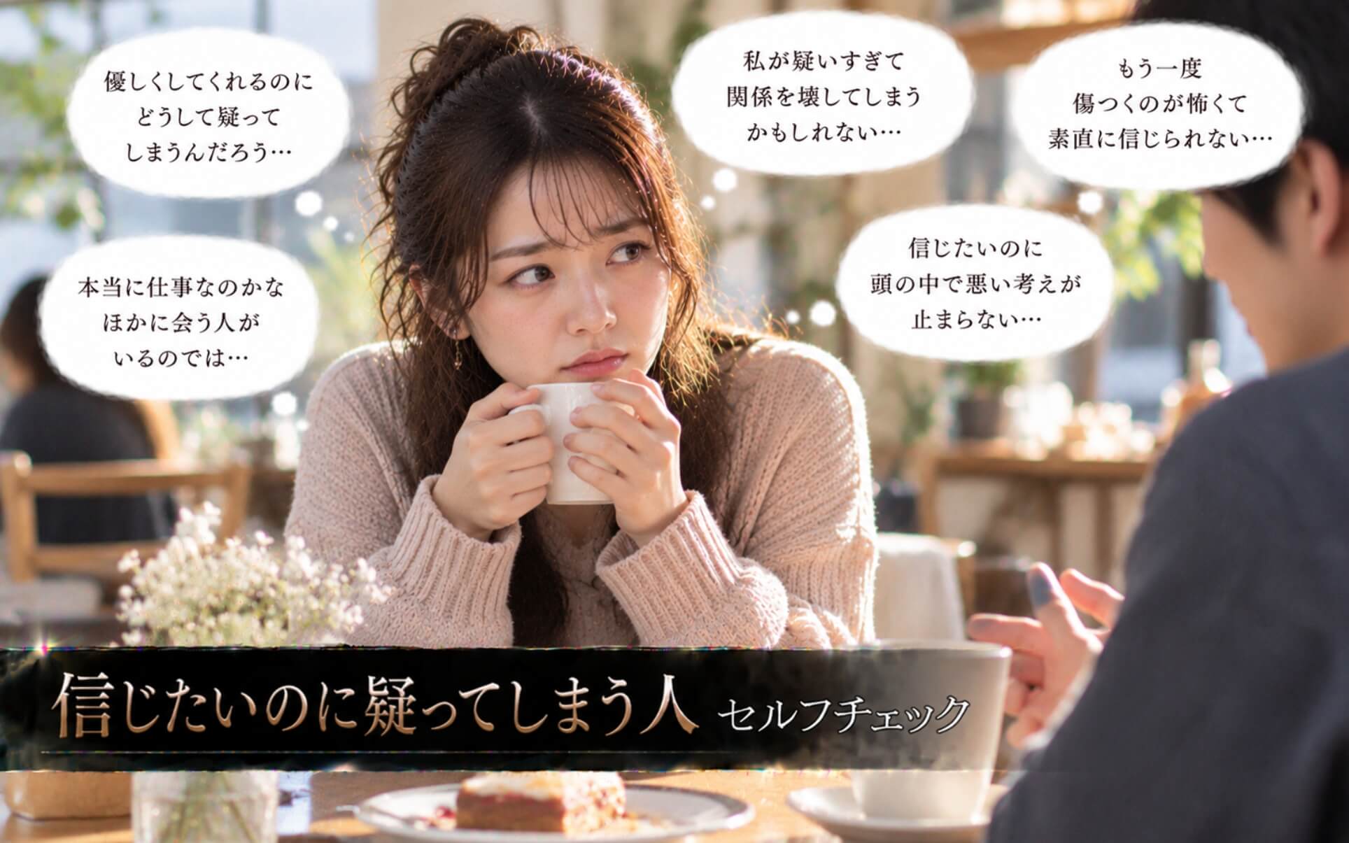 恋人と向き合いコーヒーカップを握りながら疑念を抱く女性｜信じたいのに疑ってしまう人のセルフチェック