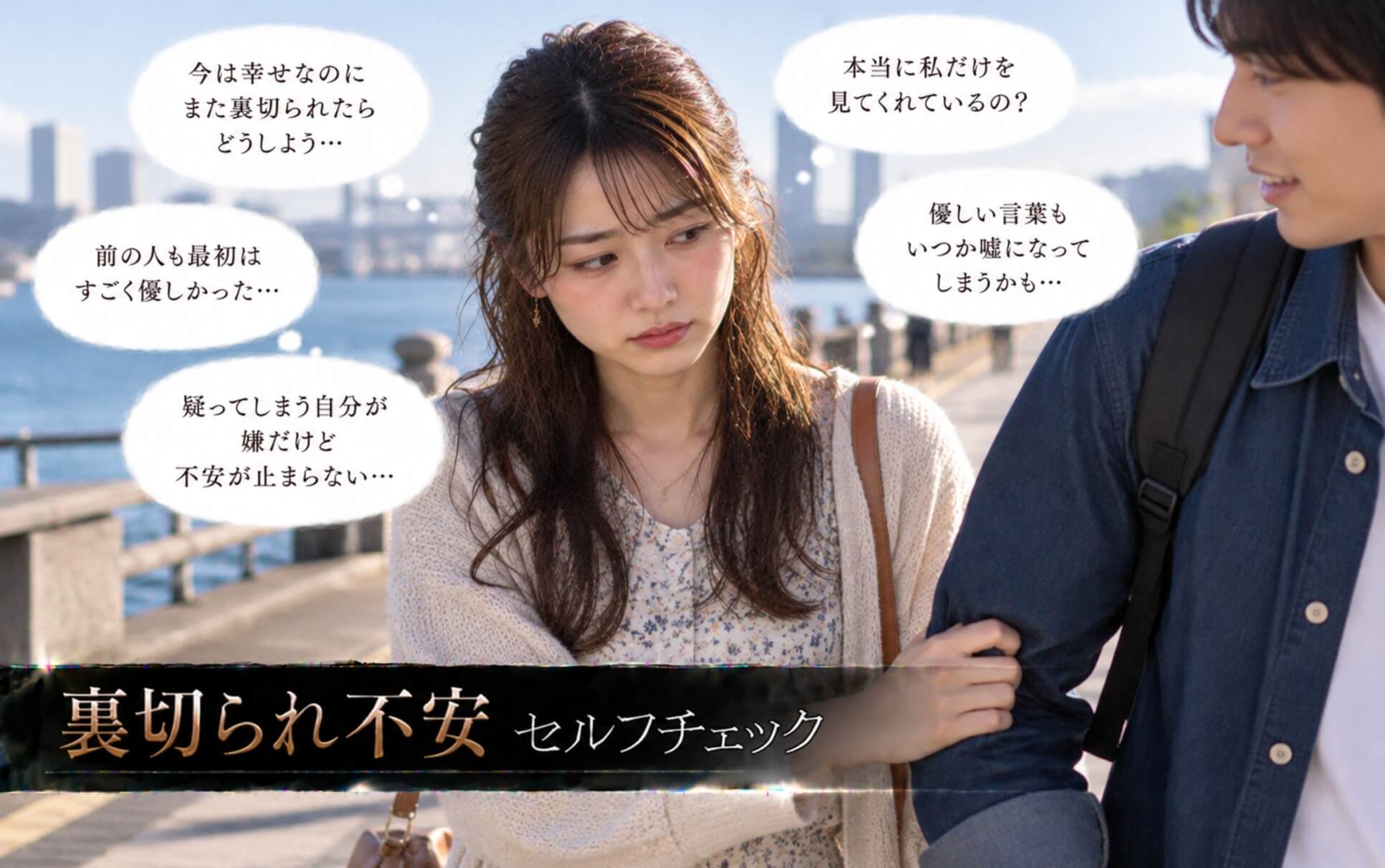 海辺で恋人と腕を組みながら裏切りへの不安を感じる女性|裏切られ不安のセルフチェック