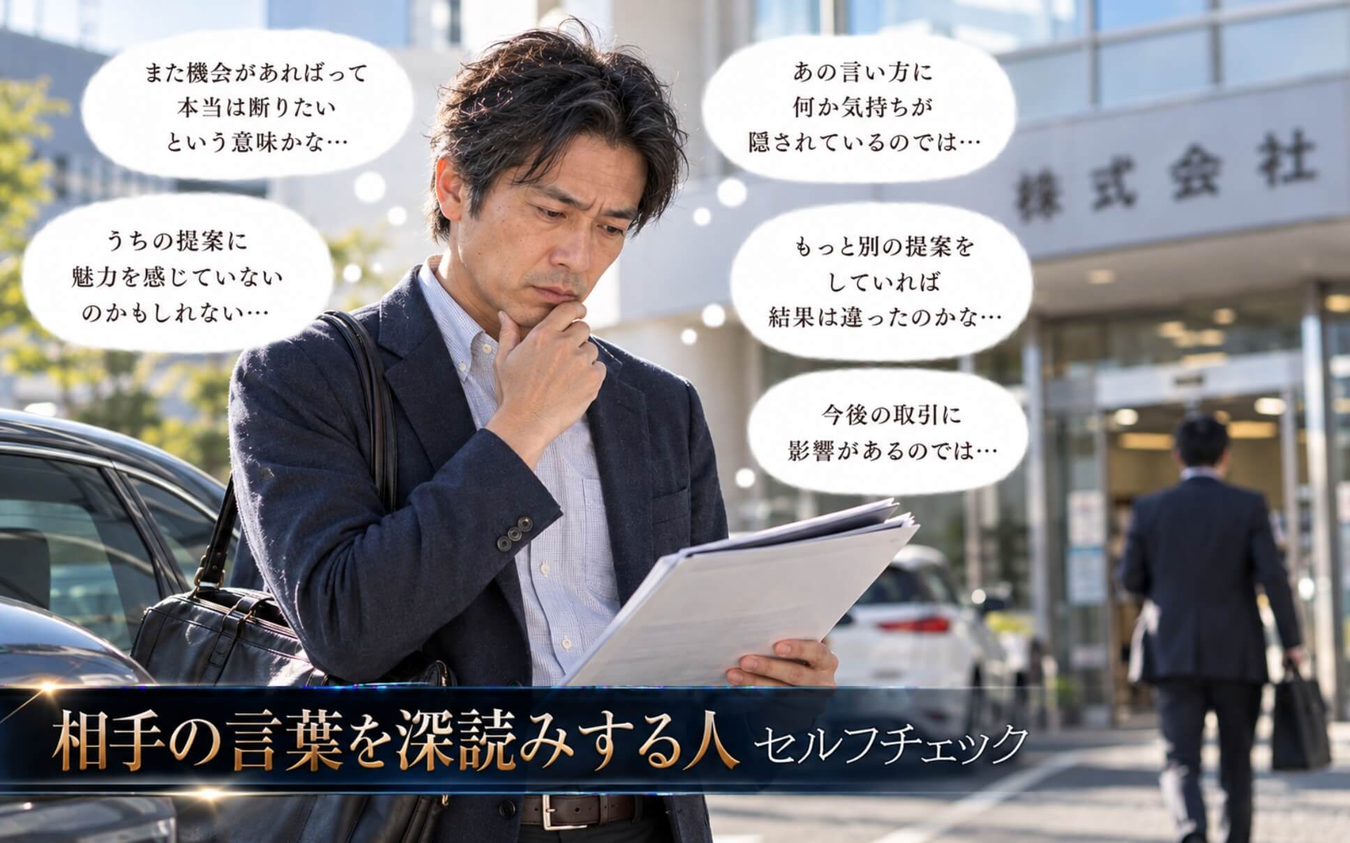 取引先の駐車場で商談後の言葉が気になり考え込む男性|相手の言葉を深読みする人のセルフチェック