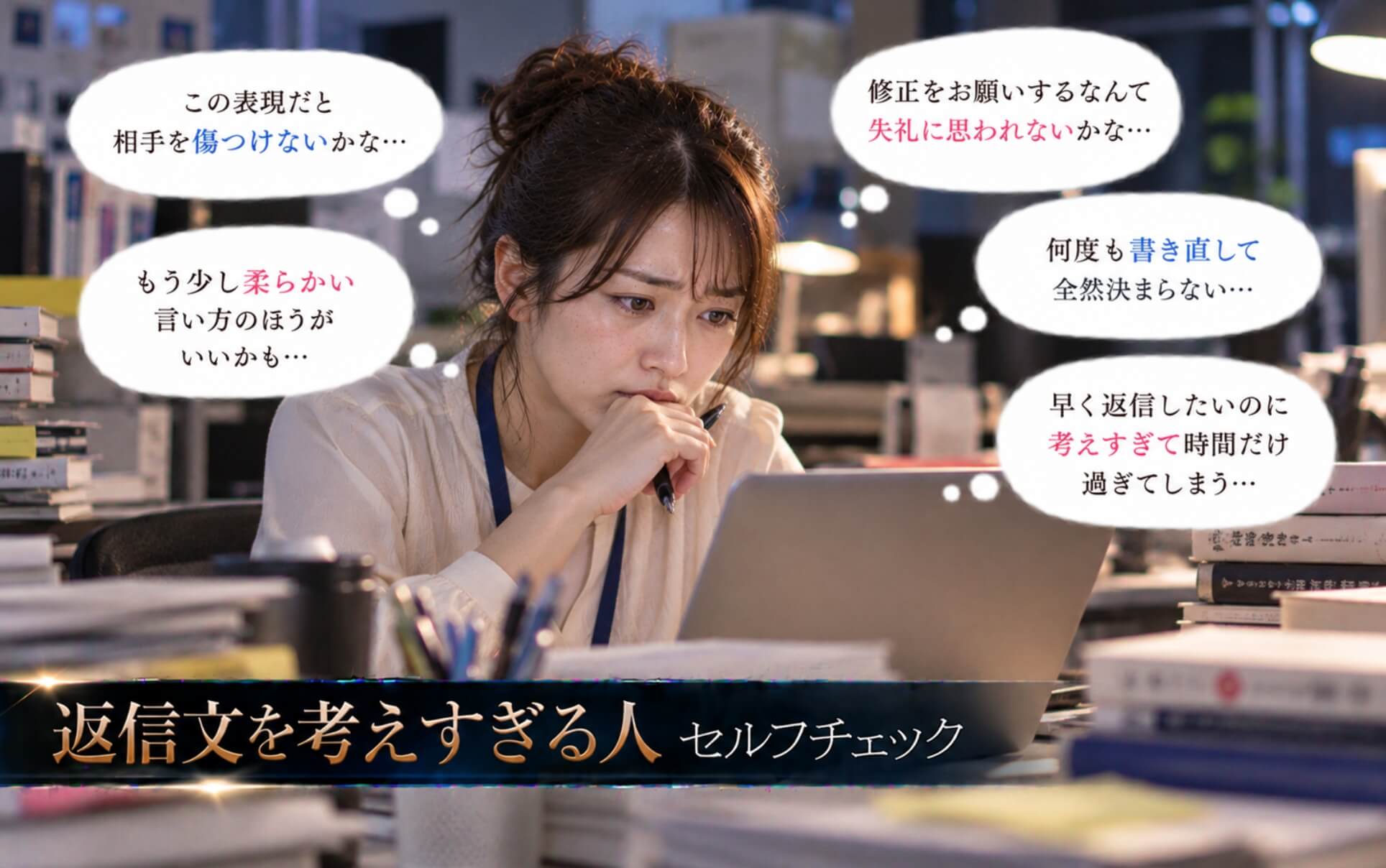 出版社の編集室で著者への返信に悩み考え込む女性|返信文を考えすぎる人のセルフチェック