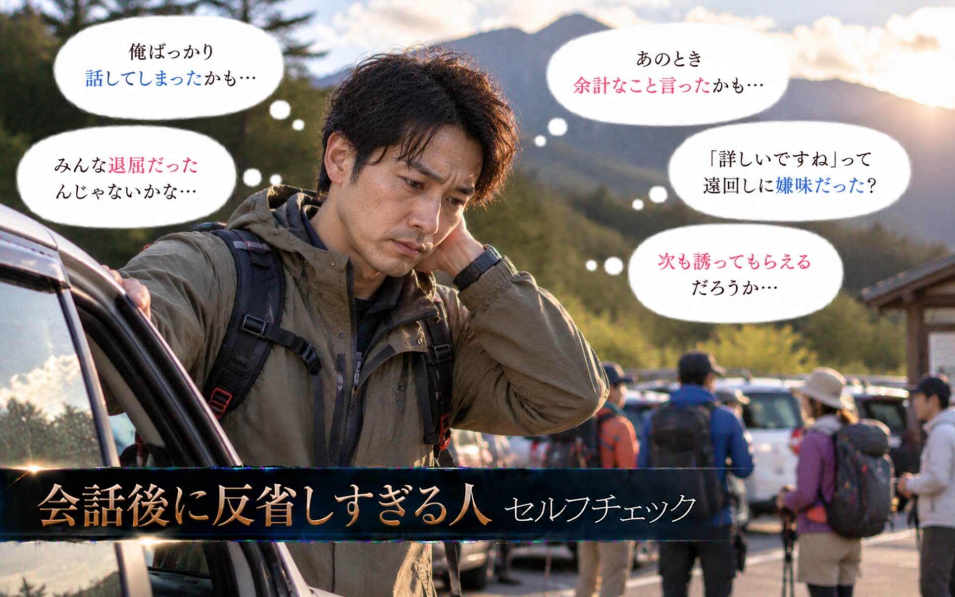 登山後の駐車場で自分の発言を思い返し後悔する男性|会話後に反省しすぎる人のセルフチェック